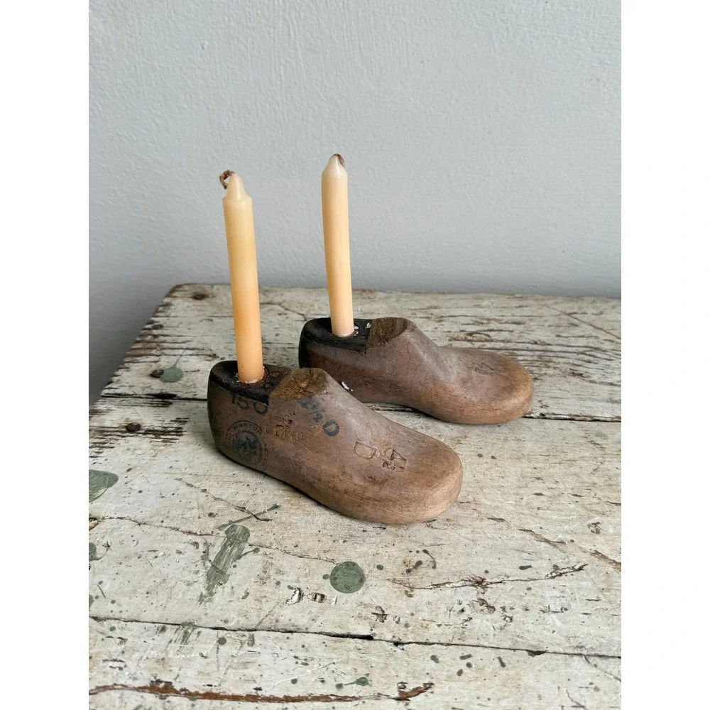 Vintage Wooden Child Shoe Last Candle Holders Cobbler Form Set Morton 150 4.5D